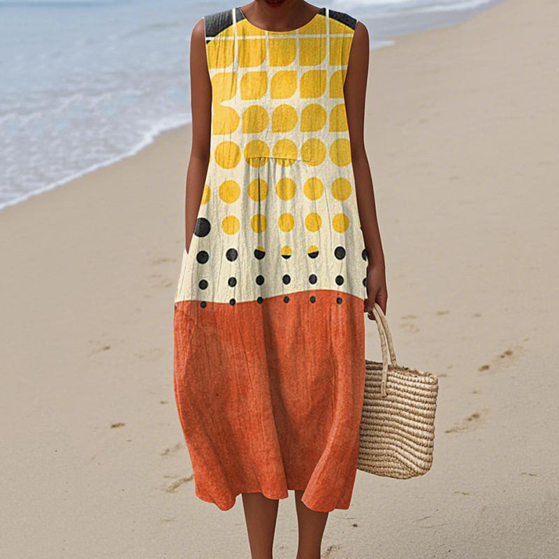 Women's Retro Abstract Geometric Cotton And Linen Sleeveless Dress elevenforest