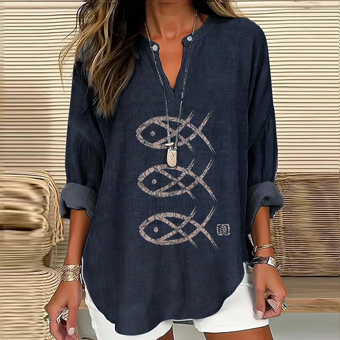 Comstylish Retro Japanese Art Fish Print Long Sleeve Blouse