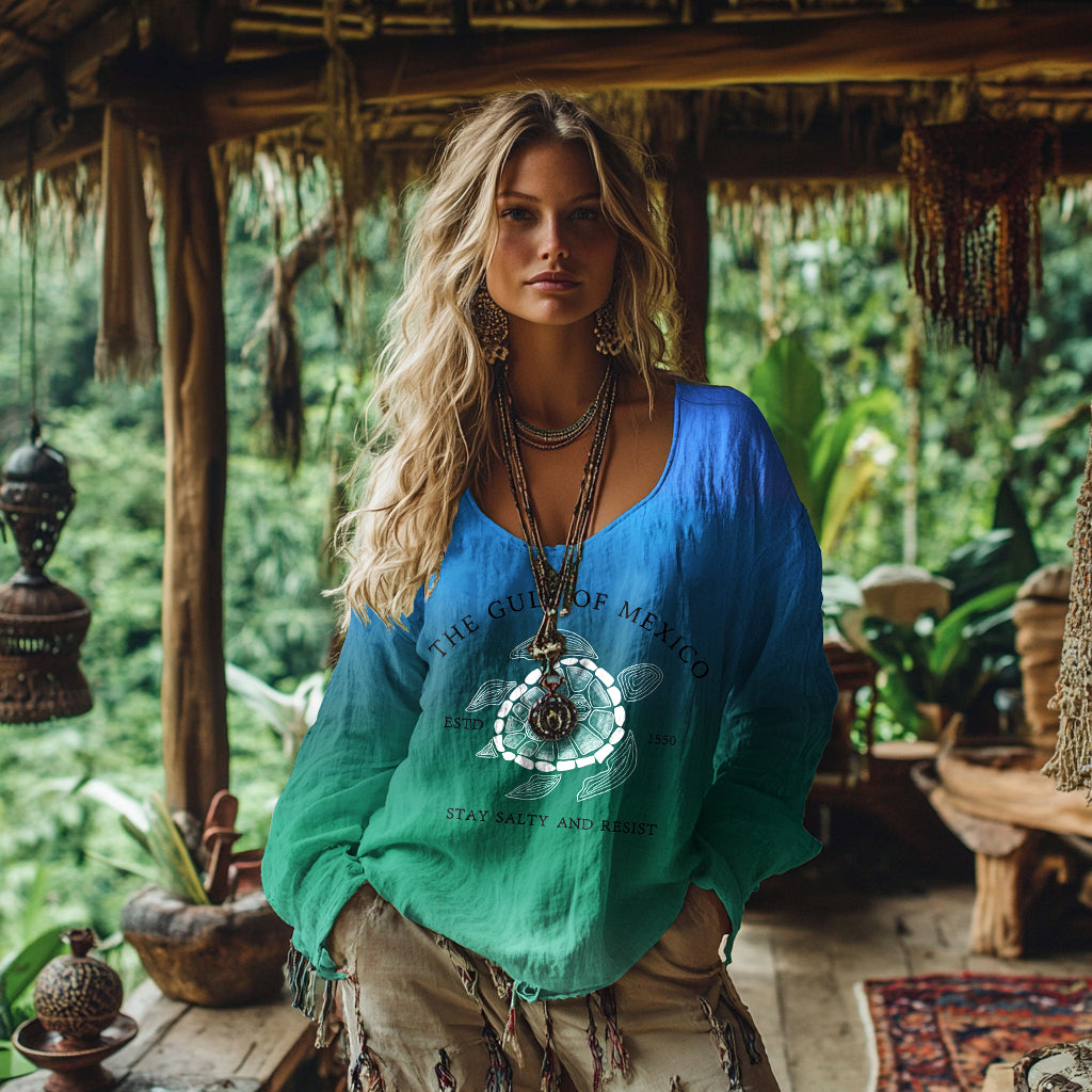 Retro Bohemian Resort Gulf Of Mexico In Gradient Print Cotton And Linen Blend Loose Blouse elevenforest