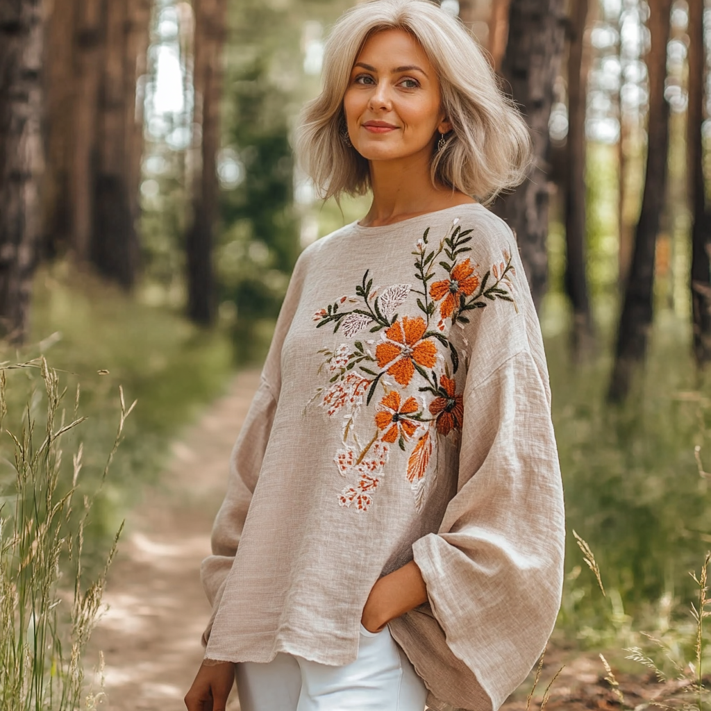 Women's Flower Embroidered Cotton Linen Round Collar Blouse elevenforest