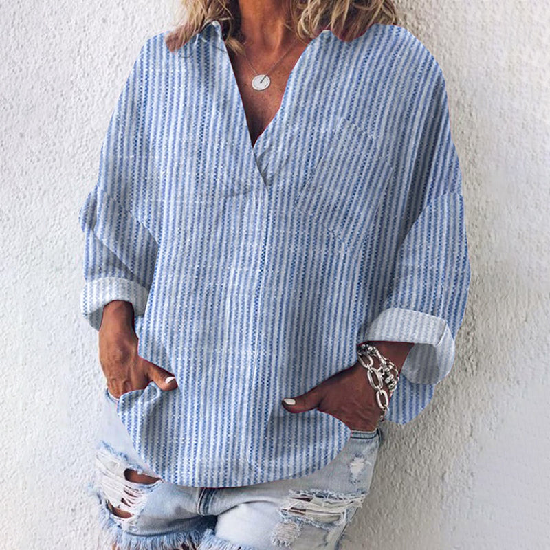 Women's Striped Casual Pocket V-Neck Linen Blend Tunic elevenforest