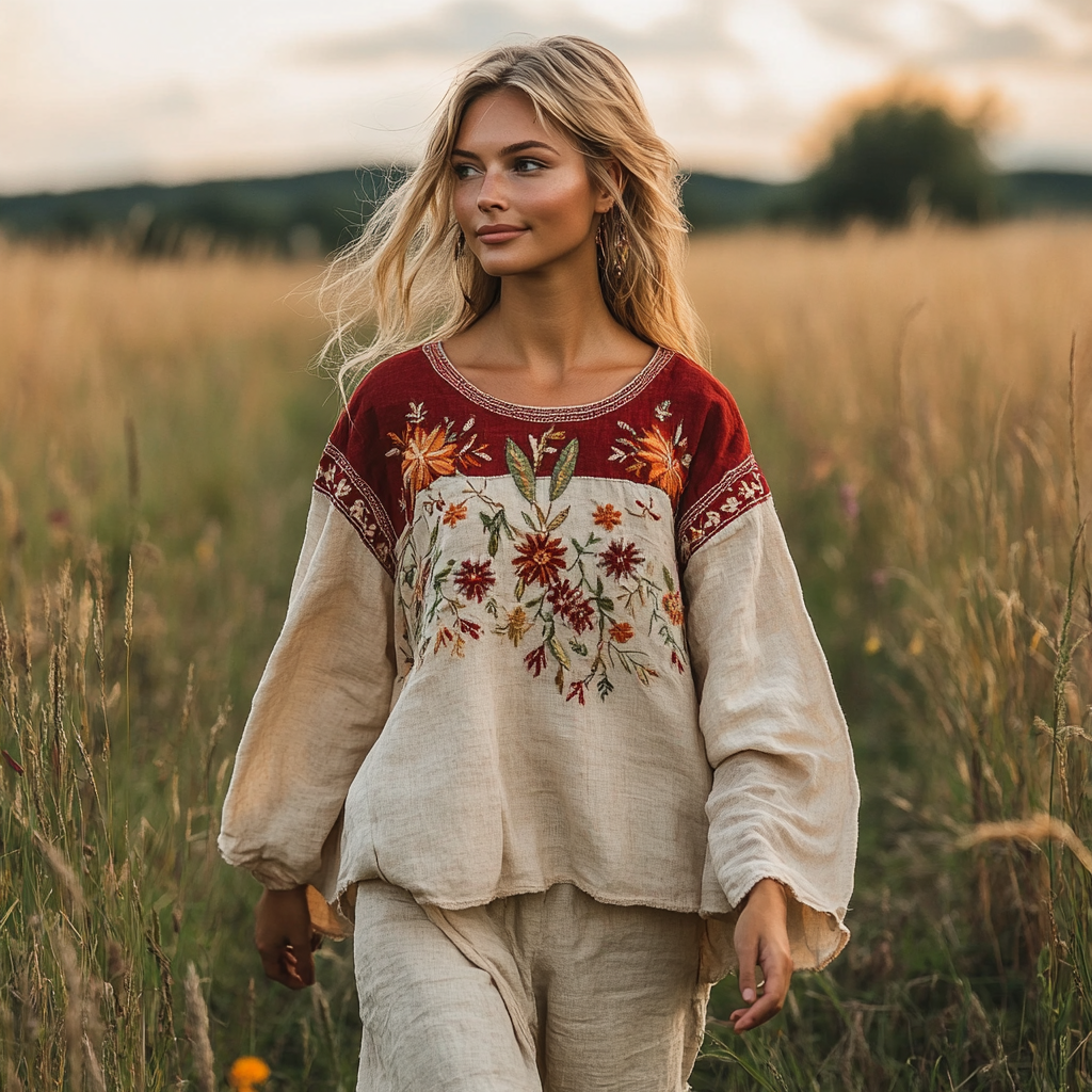 Retro Bohemian Floral Embroidery Art Linen Blend Loose Blouse elevenforest