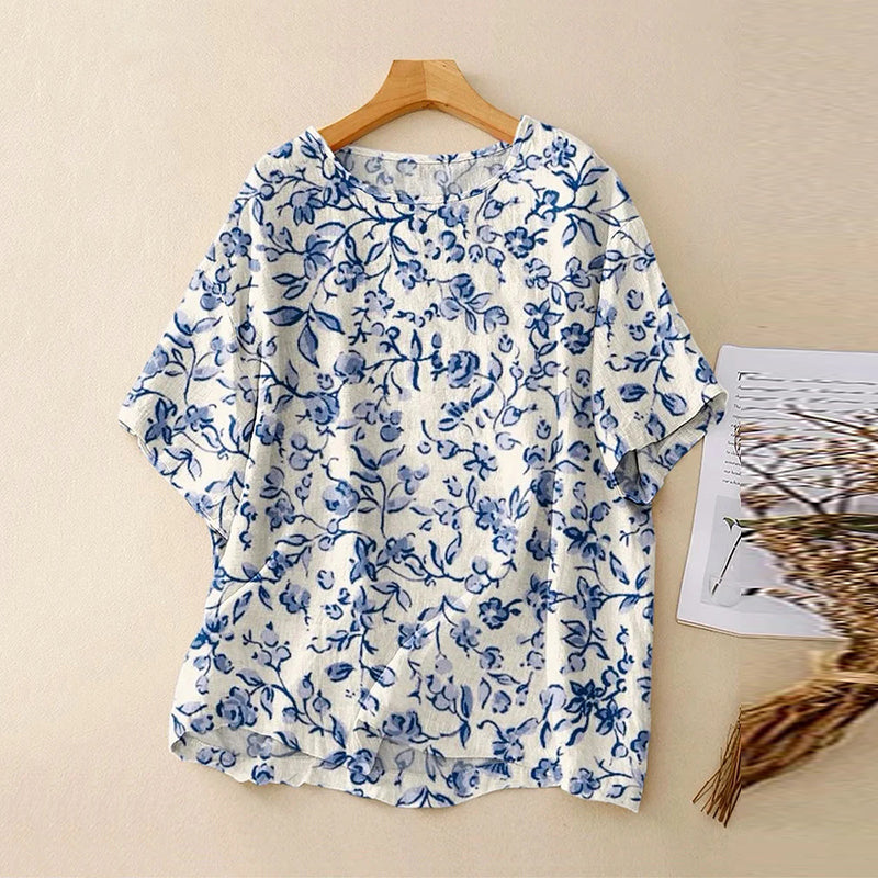 Women's Vintage Floral Art Print Lines T-shirt elevenforest