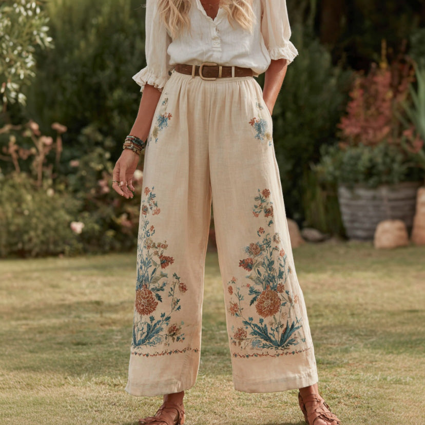 Women's Retro Bohemian Floral Patchwork Linen Trousers elevenforest