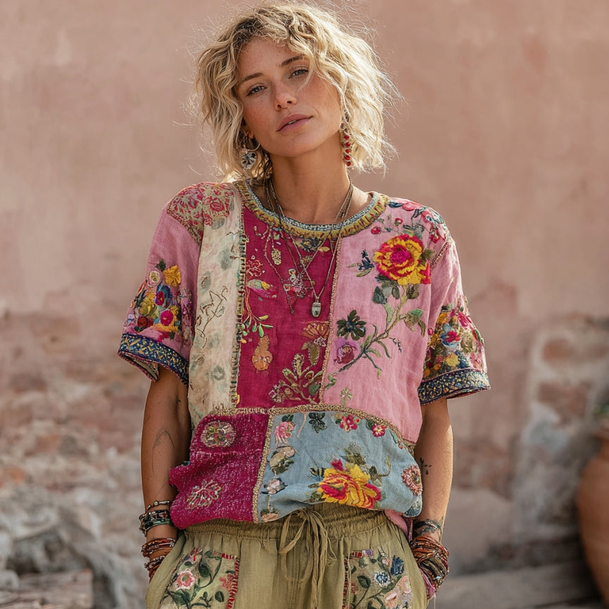 Women's Vintage Bohemian Floral Embroidery Art Round Neck Linen Blend T-shirt elevenforest