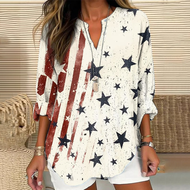 Comstylish American flag print V-neck loose blouse