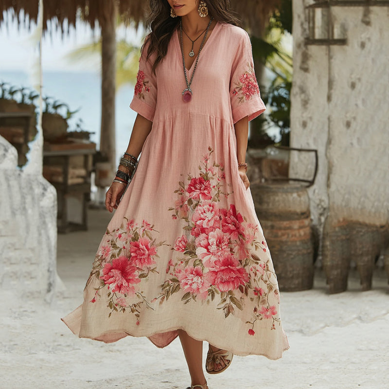 Women's Vintage Floral Gradient Art Linen Midi Dress elevenforest