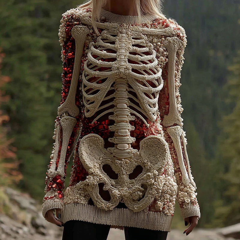 Women's Halloween Skeleton And Gem Art Gothic Knit Mini Sweater Dress elevenforest