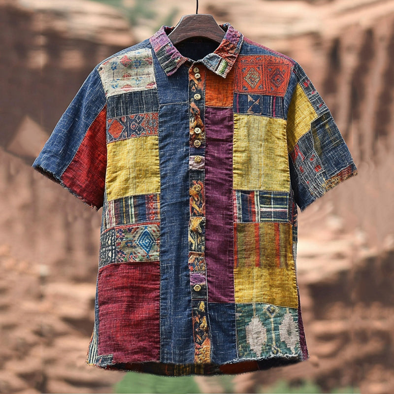 Men's Vintage Spliced contrasting Linen Shirt elevenforest