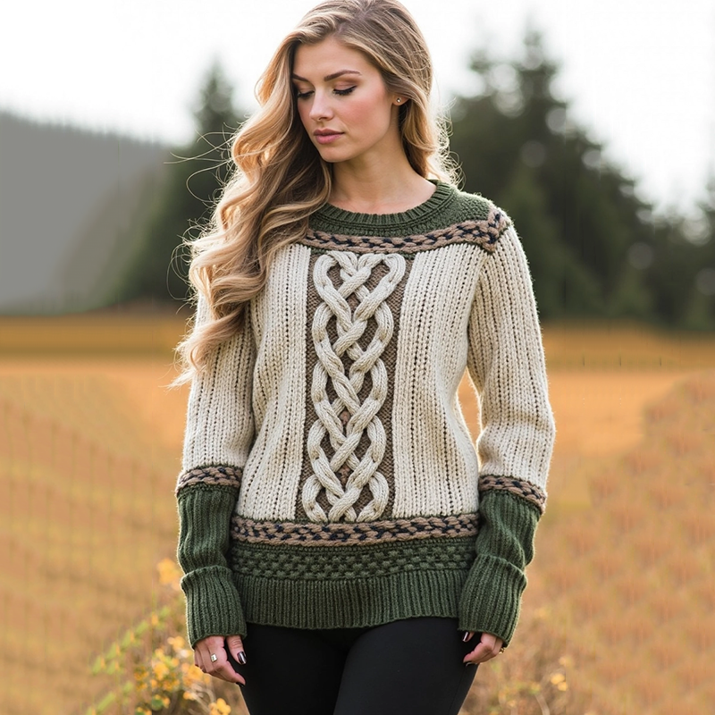 Women's Jacquard Contrast Cozy Aran Sweater artswardrobe