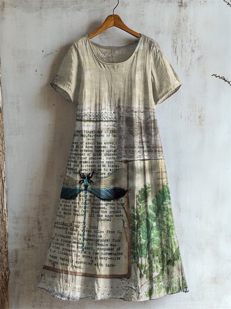 Vintage Dragonfly Embroidered Textile Linen Dress elevenforest