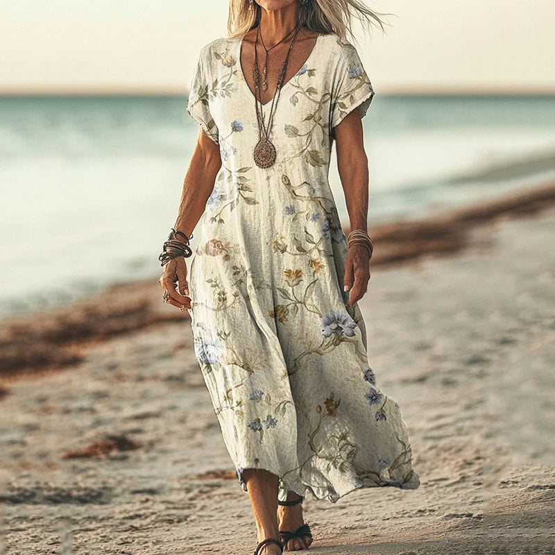 Vintage Floral Print Short Sleeved Linen Blend Midi Dress elevenforest