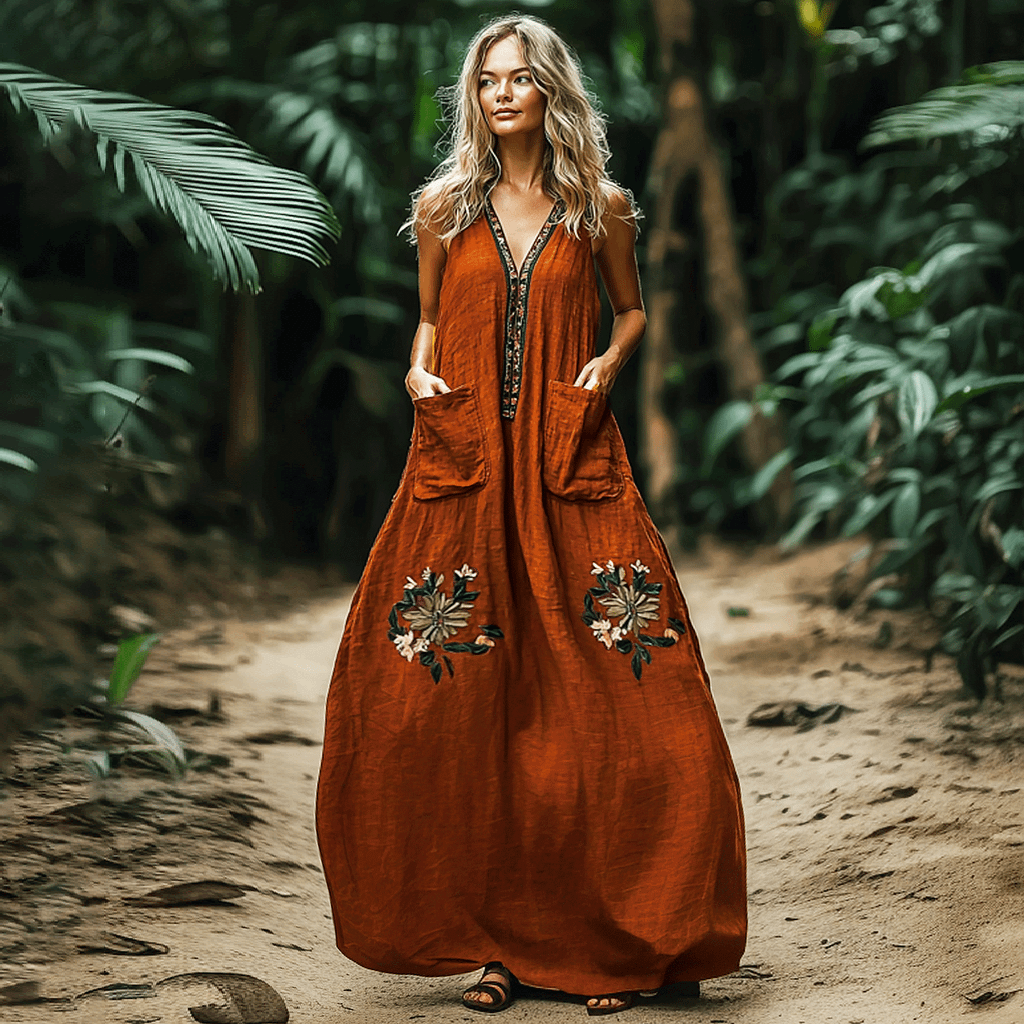 Bohemian Floral Embroidery Sleeveless Cozy Linen Maxi Dress elevenforest