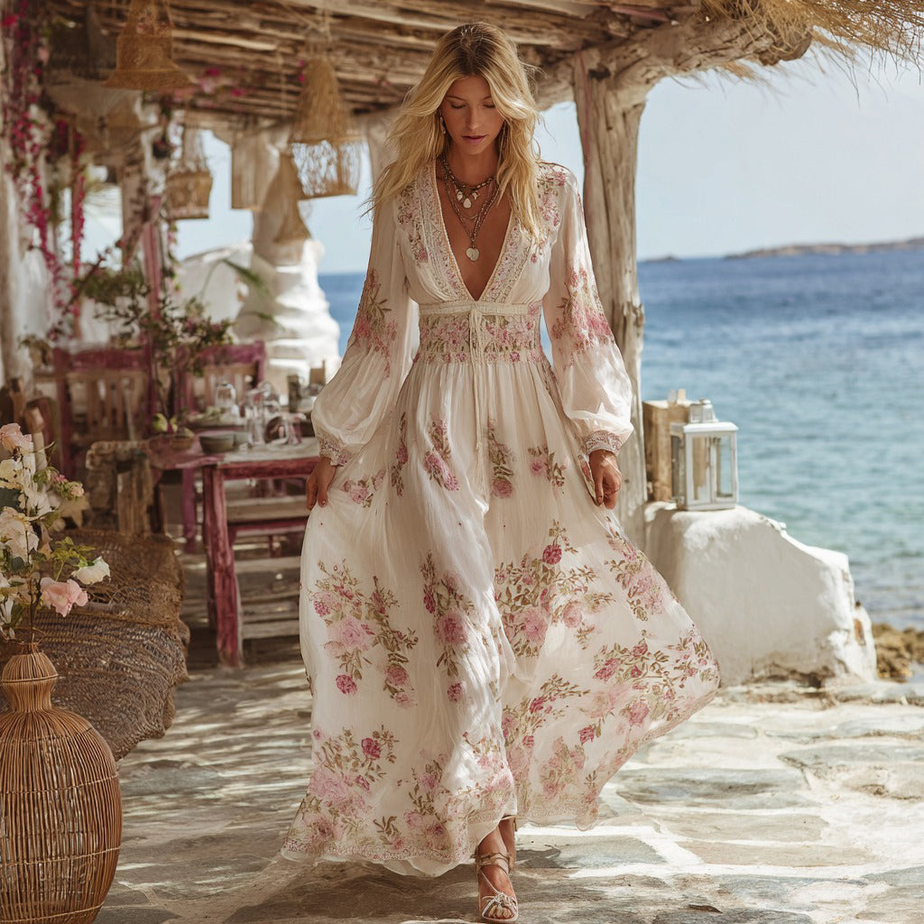 Women's Boho Style Rose Art Long-sleeved V-neck Dress elevenforest