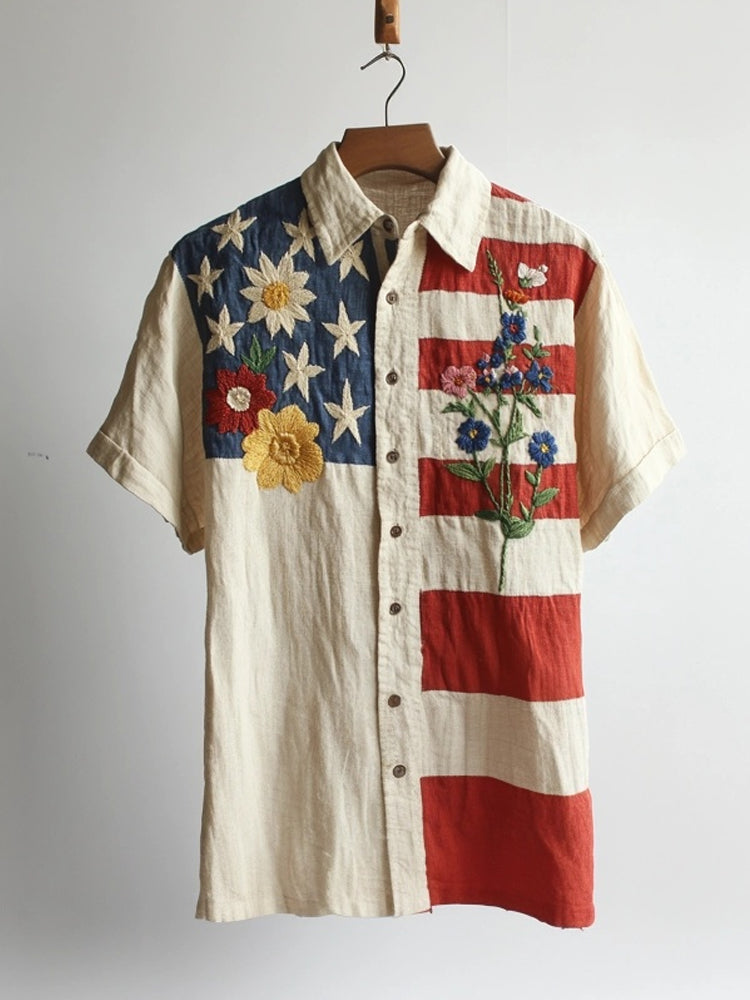 Vintage Flag Inspired Floral Embroidered Linen Shirt elevenforest