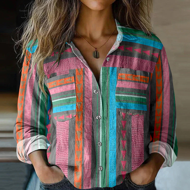 Bohemian Geometric Color Block Patchwork Colorful Linen Print Long Sleeve Shirt elevenforest