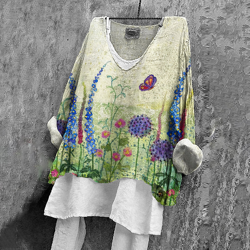 Women's Floral Embroidered Linen Blend Vintage Shirt elevenforest