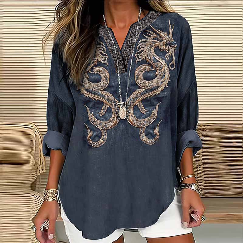 Women's Viking Dragon Embroidery Art Linen Print Casual Shirt elevenforest