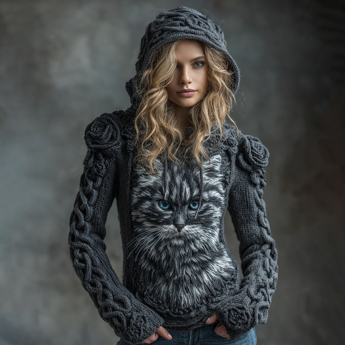 Women's Vintage Cute Cat With Rose Art Knitted Warm Hooded Sweater elevenforest