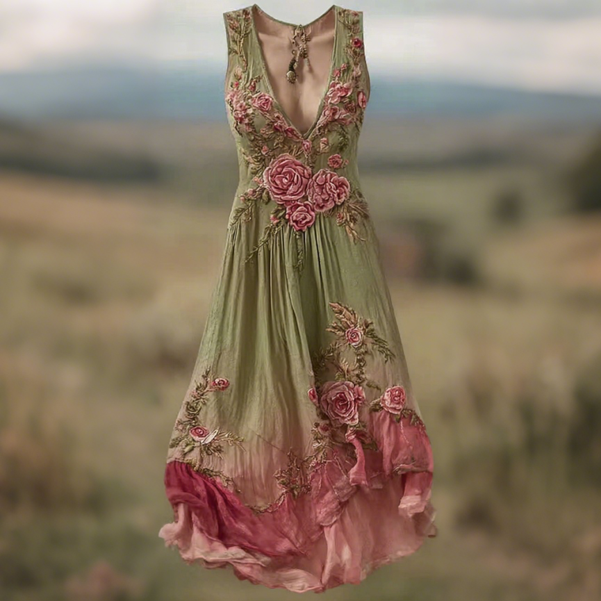 Women Vintage Floral Art V Neck Linen Maxi Dress elevenforest