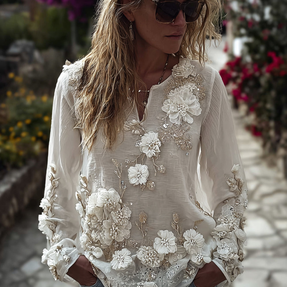 Bohemian Beaded Rose Romantic Casual Round-neck Long-sleeved Sweater elevenforest