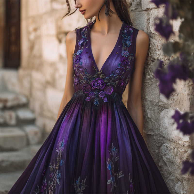 Mystical Purple Roses Vines Embroidered Linen Maxi Dress elevenforest