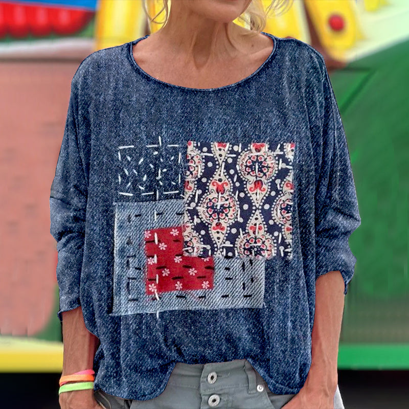 Women's Vintage Geometric Embroidery Art Cozy Linen Crew Neck T-shirt elevenforest