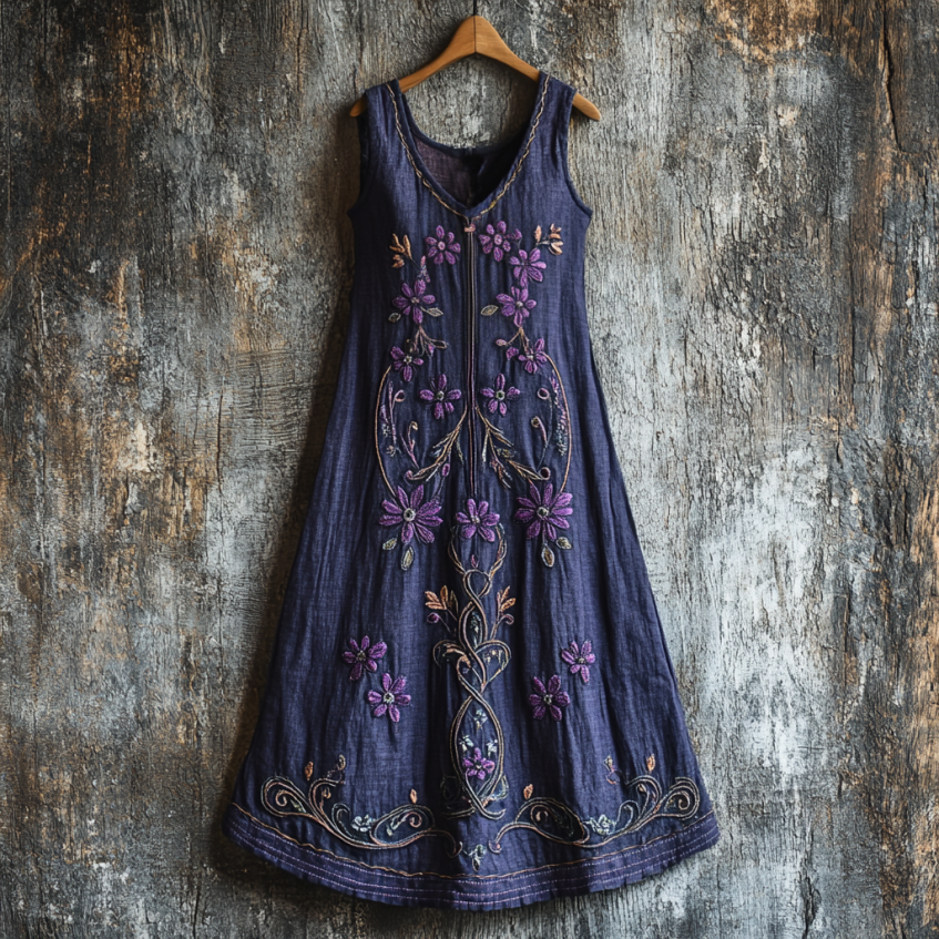 Vintage Bohe Purple Floral Embroidery Art Linen Tank Dress elevenforest