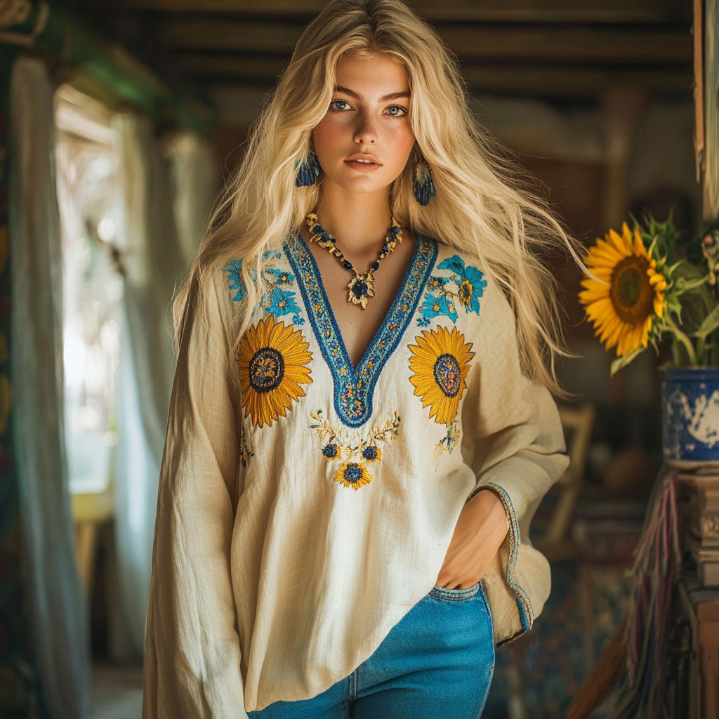Retro Ukraine Sunflower Embroidery Blend Linen V Neck Loose Blouse elevenforest