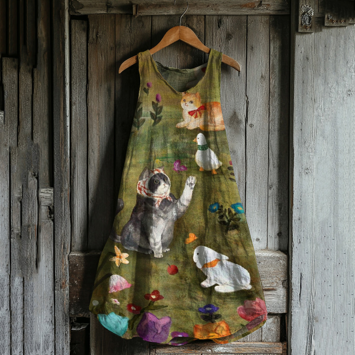 Abstract Creative Cute Cats And Farm Family Art Linen Blend Tank Dress elevenforest