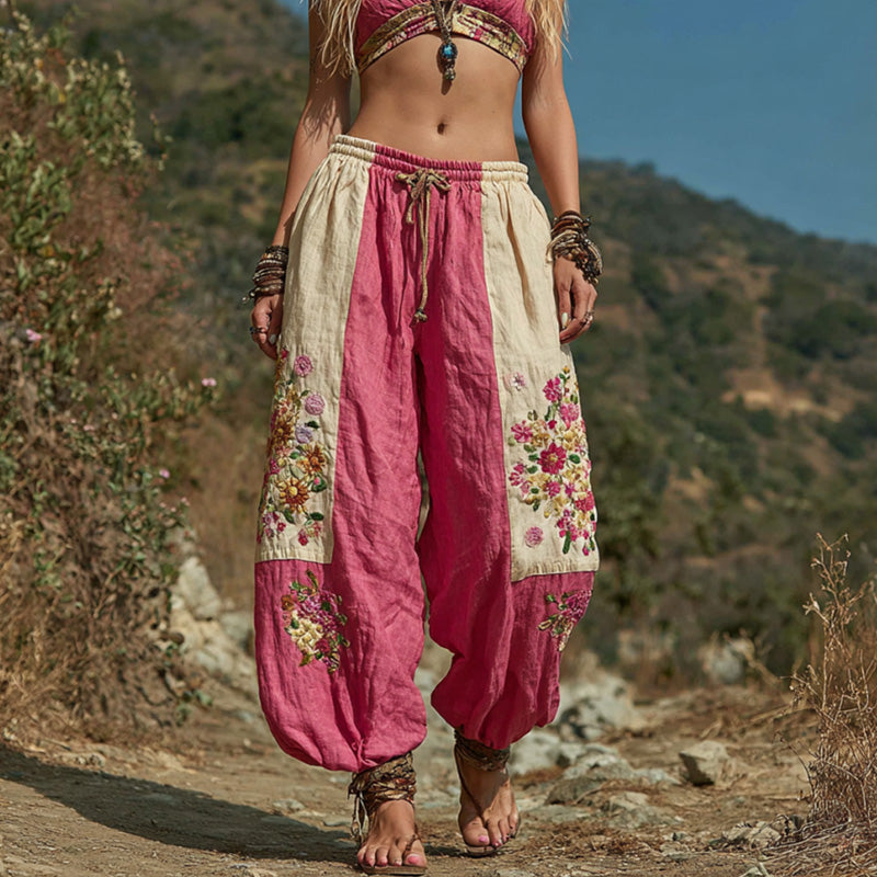 Women's Casual Retro Bohemian Embroidered Floral Print Pants elevenforest