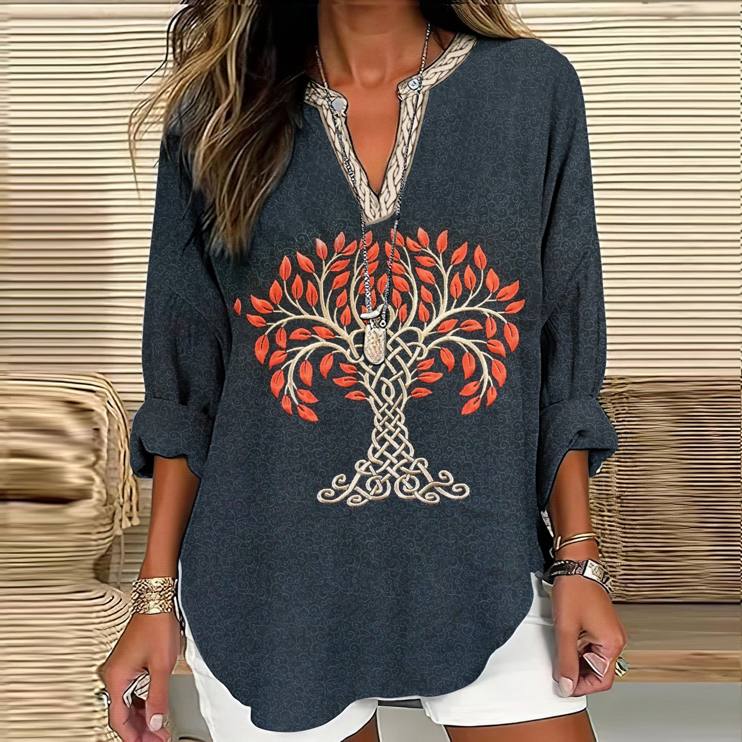 Women's Viking Tree Of Life Celtic Knot Art Linen Print Casual Shirt elevenforest