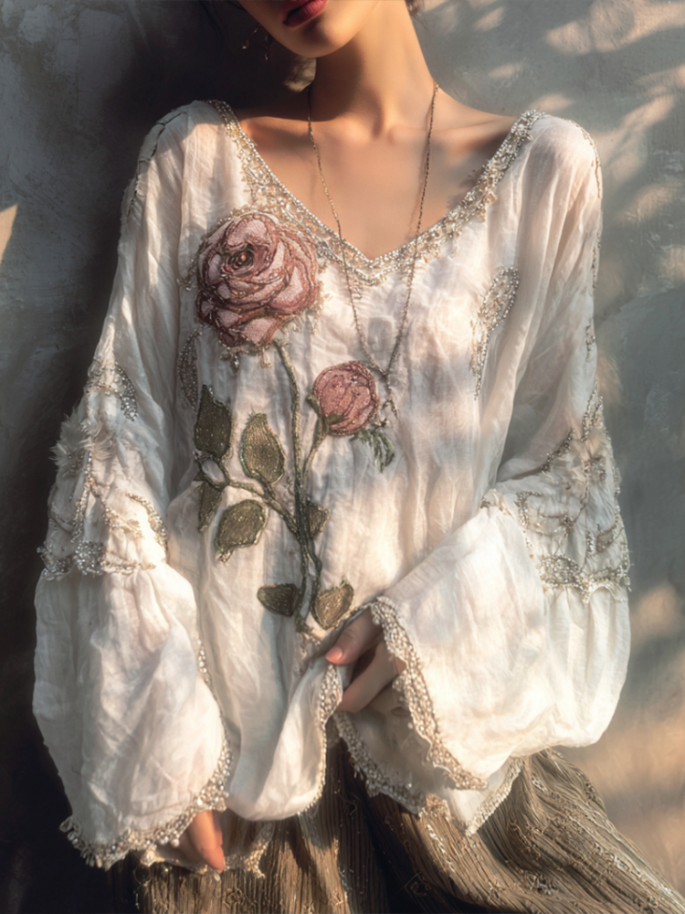 Retro White Rose With Sparkle Women's V-neck Top elevenforest