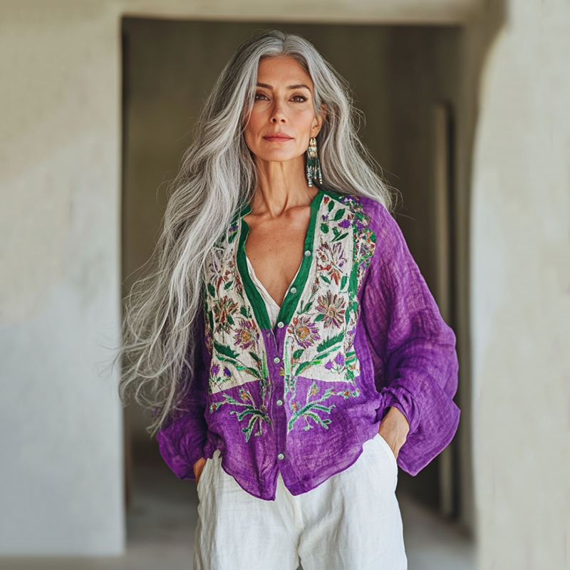 Bohemian Linen Floral Art Print Long Sleeve Loose Shirt elevenforest