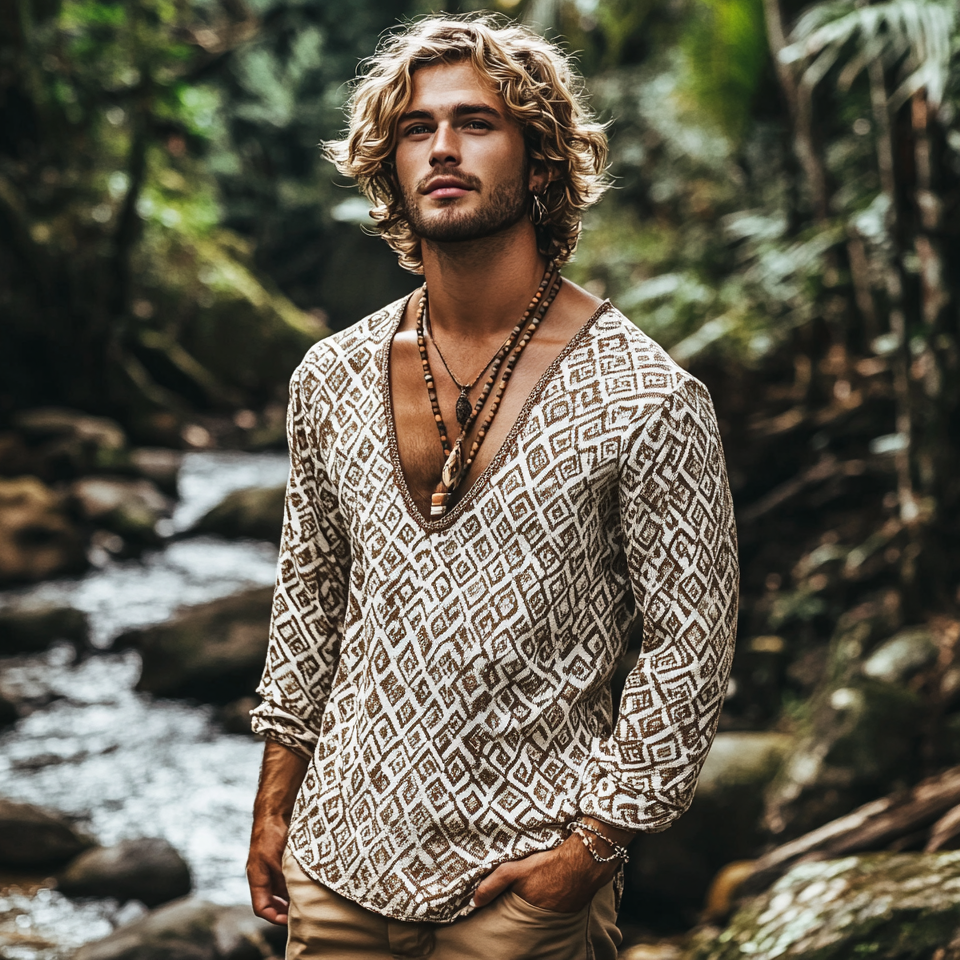 Men's Bohemian Holiday Style V-neck T-shirt elevenforest