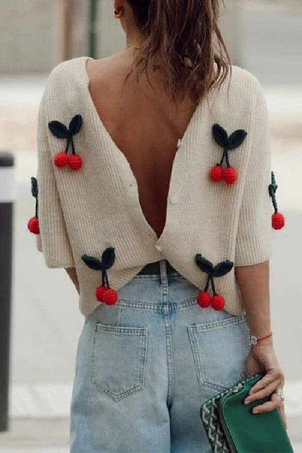 Sinead® | Short-sleeved, button-down, decorative cherry knit sweater