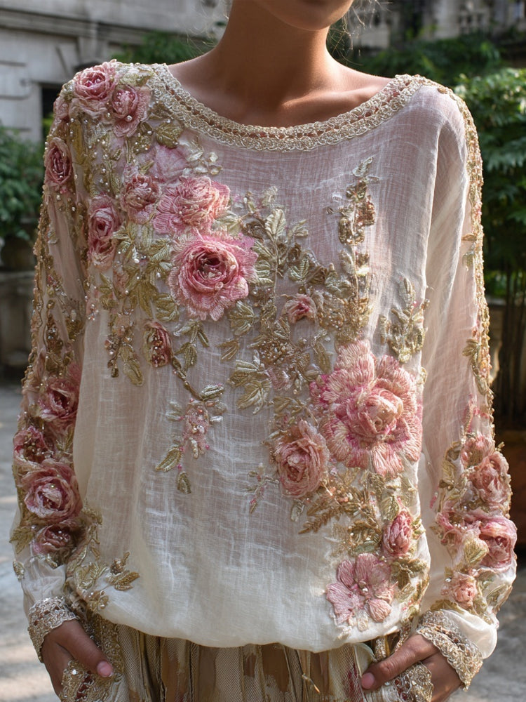 "boho Pink Roses Embroidered Vintage Breathable Linen Tunic" elevenforest
