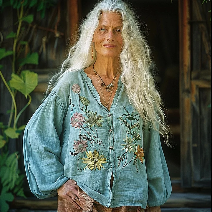 Vintage Bohemian Style Linen Floral Art Print Long Sleeve Loose Shirt elevenforest