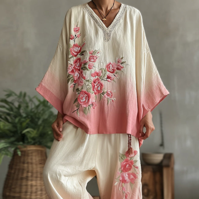 Vintage Pink Floral Gradient Pattern Linen V Neck T-shirt elevenforest