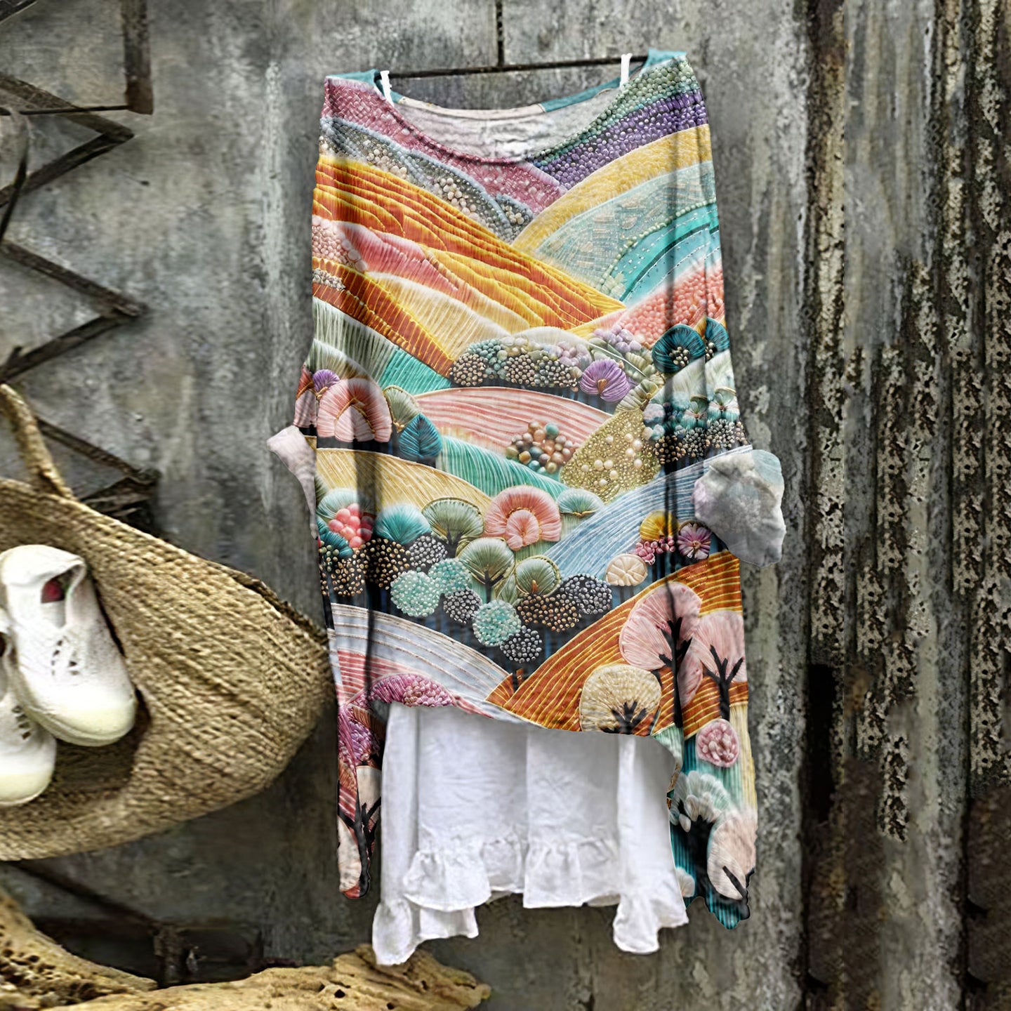 Vintage Dreamy Colorful Village Loose Linen Cozy Shirt Tunic Top elevenforest