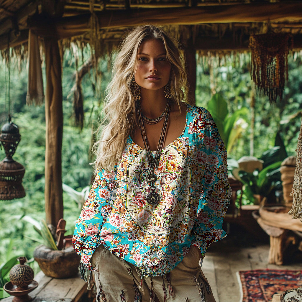 Women's Vintage Persian Floral Art Cotton And Linen Shirt elevenforest