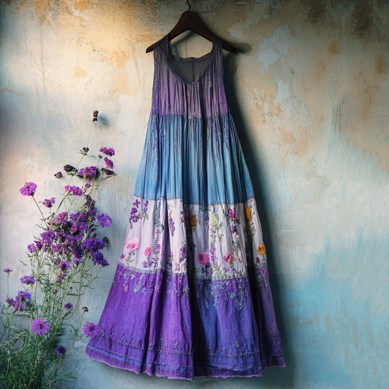 Vintage Bohemian Lavender Embroidery Patchwork Art Sleeveless Cozy Linen Maxi Dress elevenforest