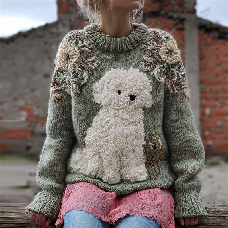 Vintage Lovely Fuzzy Dog Floral Beaded Cozy Knit Sweater elevenforest