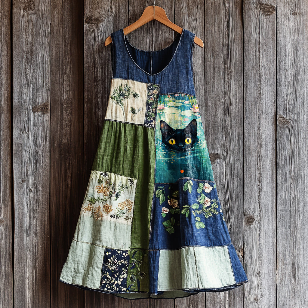 Women's Retro Cute Black Cat Patch Work Sleeveless Dress elevenforest