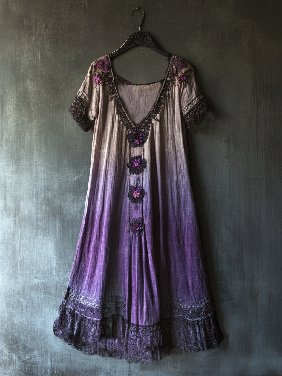 Bohemian Lavender Embroidery Patchwork Art Sleeveless Cozy Linen Maxi Dress elevenforest