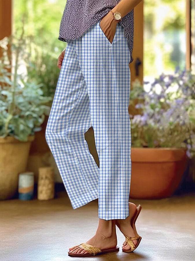 Women's Plaid Pocket Print Casual Pants