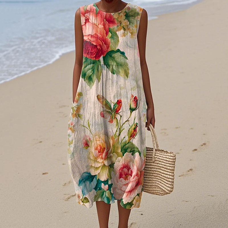 Vintage Loose Vintage Elegant Floral Art Linen Tank Dress elevenforest