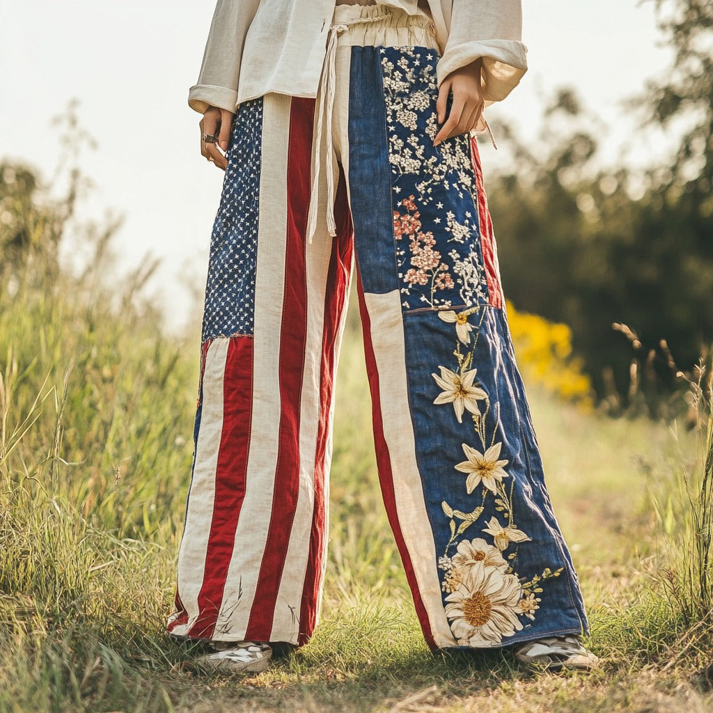 Women's Vintage Independence Day Floral Embroidery Patchwork Design Linen Wide Leg Pants elevenforest
