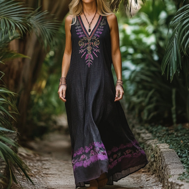 Bohemian Lavender Embroidery Sleeveless Cozy Linen Maxi Dress elevenforest