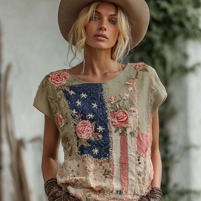 Western Cowboy Style American Flag Floral Patchwork Vintage Linen Round Neck T Shirt In The Countryside elevenforest